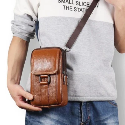 Sacoche Homme Téléphone Cuir Véritable Multi-Poches Compacte