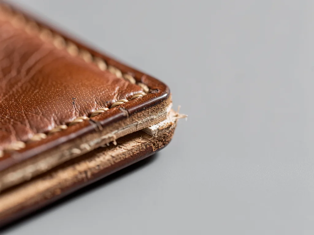 Pochette Cuir Homme Luxe : Formats, Prix et Usages (2026) 15 gros plan sur une couture et la tranche du cuir