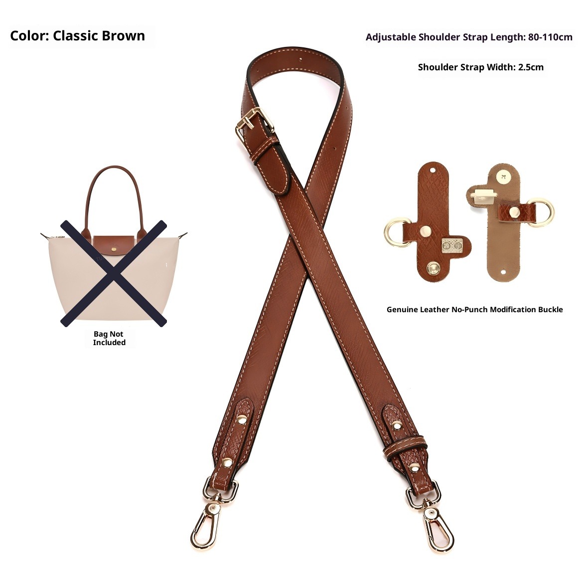 Bandouliere cuir pour sac a poignee courte, sans percage 3 Bandouliere cuir pour sac a poignee courte, sans percage, vue de face