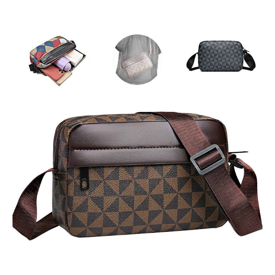 Besace cuir homme a large sangle et motif carreaux 6 Besace cuir homme a large sangle et motif carreaux, vue de profil