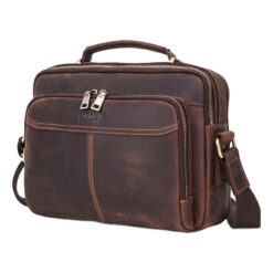 Besace cuir homme grande capacite en cuir cire, vue de trois quarts