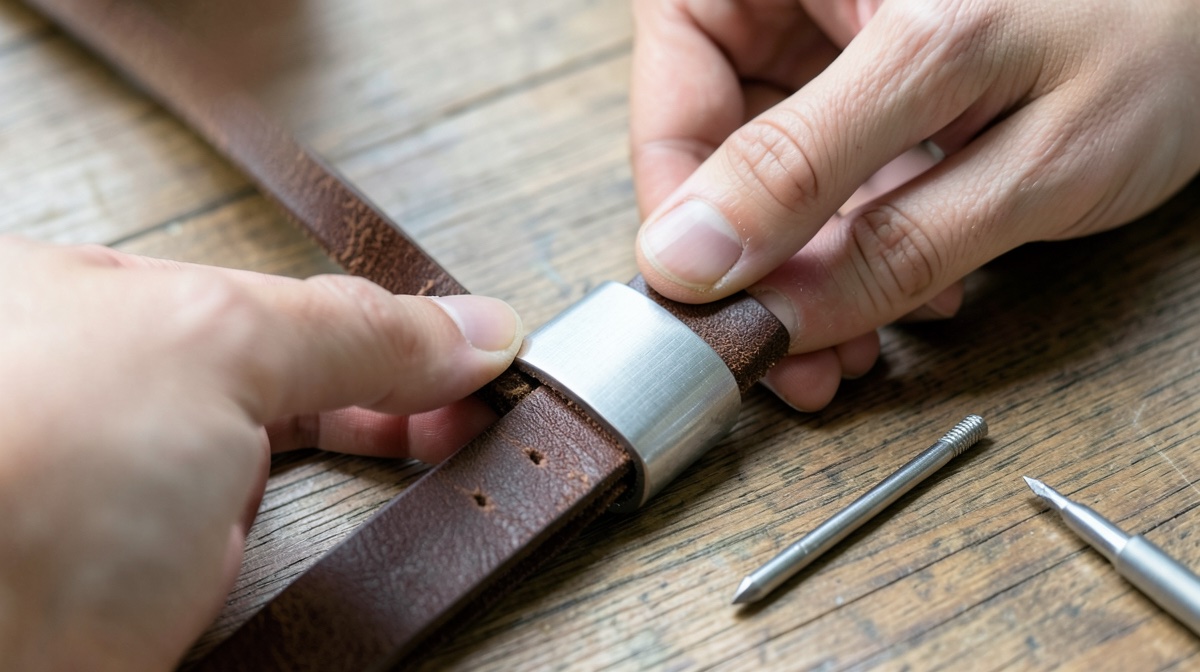 Comment changer une boucle de ceinture ? 1 Comment changer une boucle de ceinture : pose d'une boucle acier sur une sangle en cuir marron