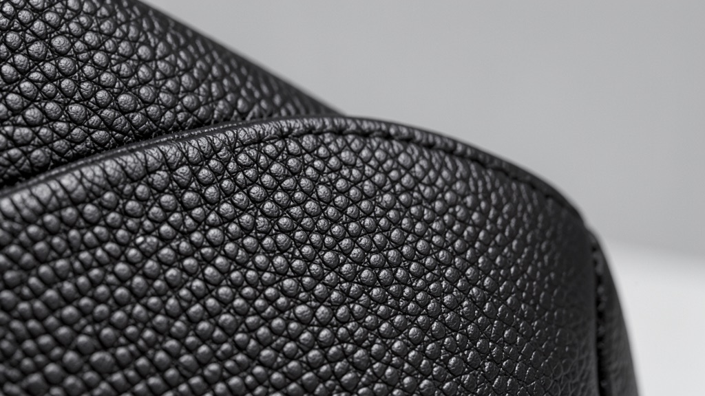 Surface d'un cuir grainé noir montrant son relief arrondi en lumière rasante