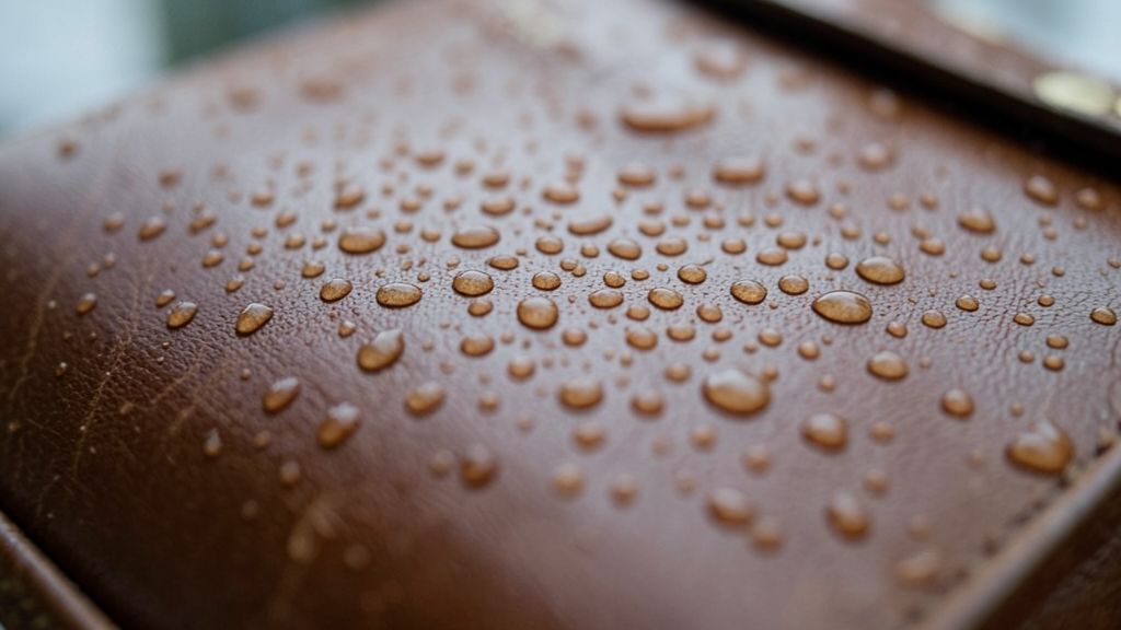 Cuir imperméable, gouttes de pluie perlant sur le cuir d'une sacoche