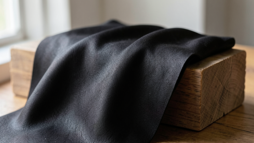 Cuir nappa : définition, qualités et limites sur un sac 1 Pièce de cuir nappa noir très souple drapée sur un bloc de bois