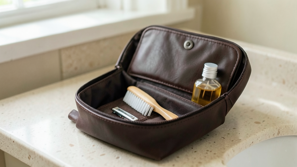 Dopp kit : la trousse de toilette homme, son origine et comment la choisir 1 Dopp kit en cuir ouvert avec rasoir et brosse à dents