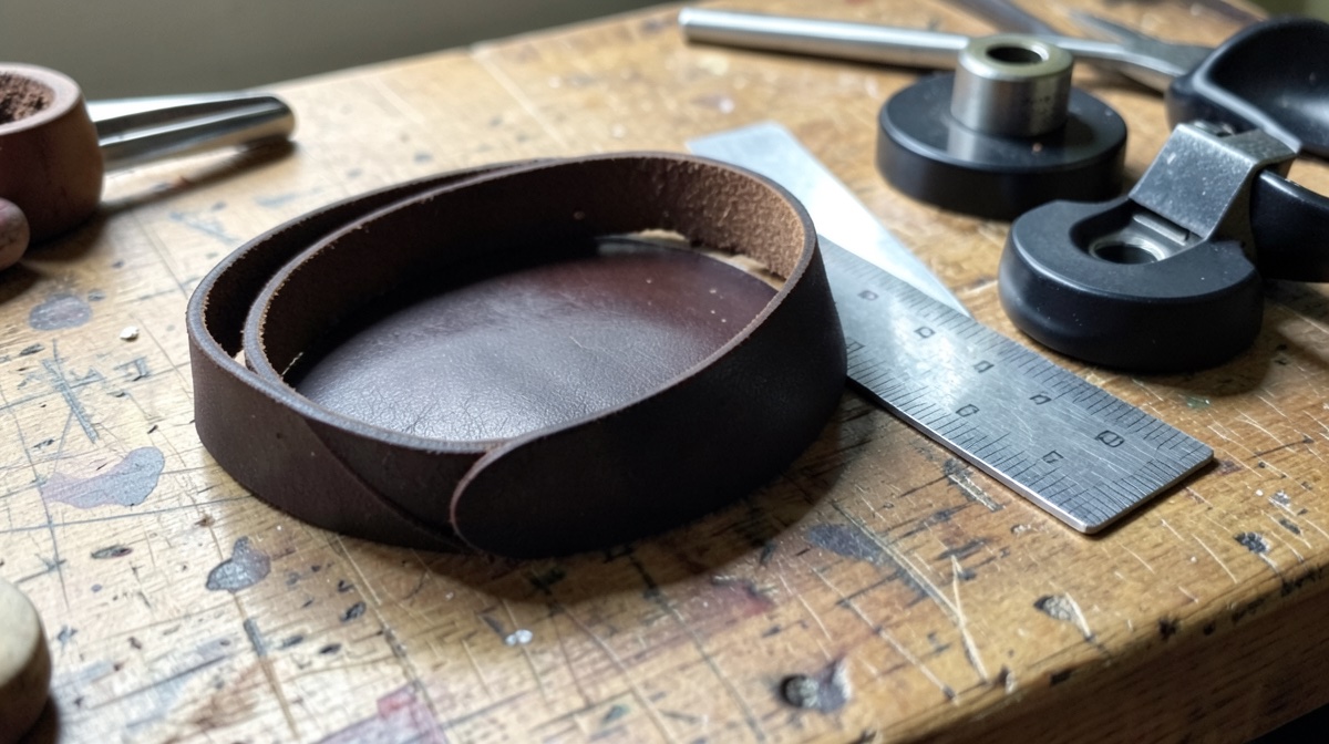 Faire un trou dans une ceinture sans l'abîmer 1 Faire un trou dans une ceinture en cuir : emporte-pièce rotatif et réglet sur l'établi