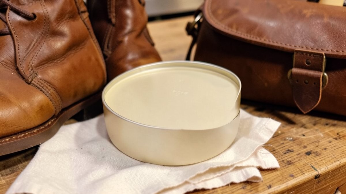 Mink Oil on Leather: What It Does, and When It Darkens Too Much 1 Mink oil on leather: an open tin of conditioner beside brown leather boots and a satchel on a workbench
