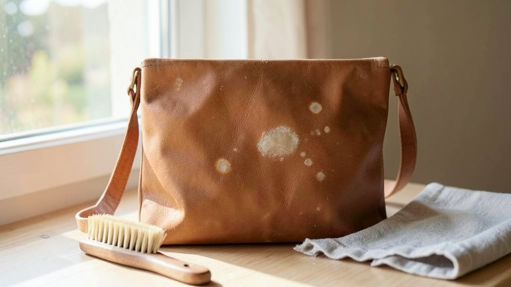 Moisissure sur cuir : nettoyer, sécher et éviter qu'elle revienne 1 Moisissure sur cuir d'un sac brun, brosse souple et chiffon
