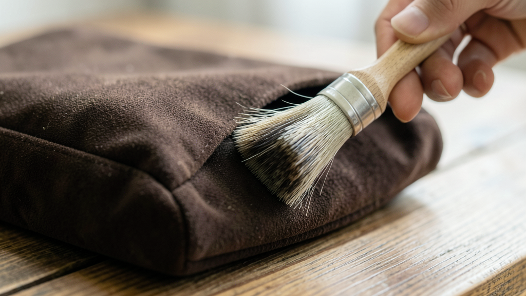 Nettoyer du daim : la méthode à sec qui ne laisse pas d'auréole 1 Nettoyer du daim à la brosse en crêpe sur une sacoche en velours de cuir