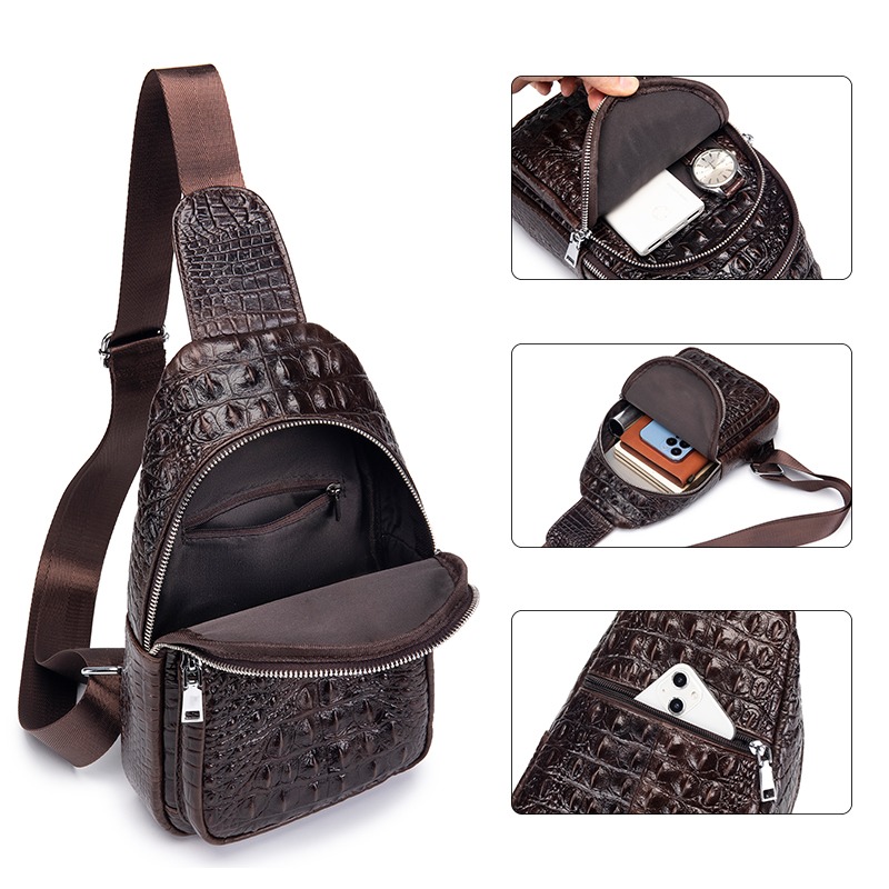 Pochette homme de poitrine en cuir à grain façon crocodile 5 Pochette homme de poitrine en cuir à grain façon crocodile, vue arriere