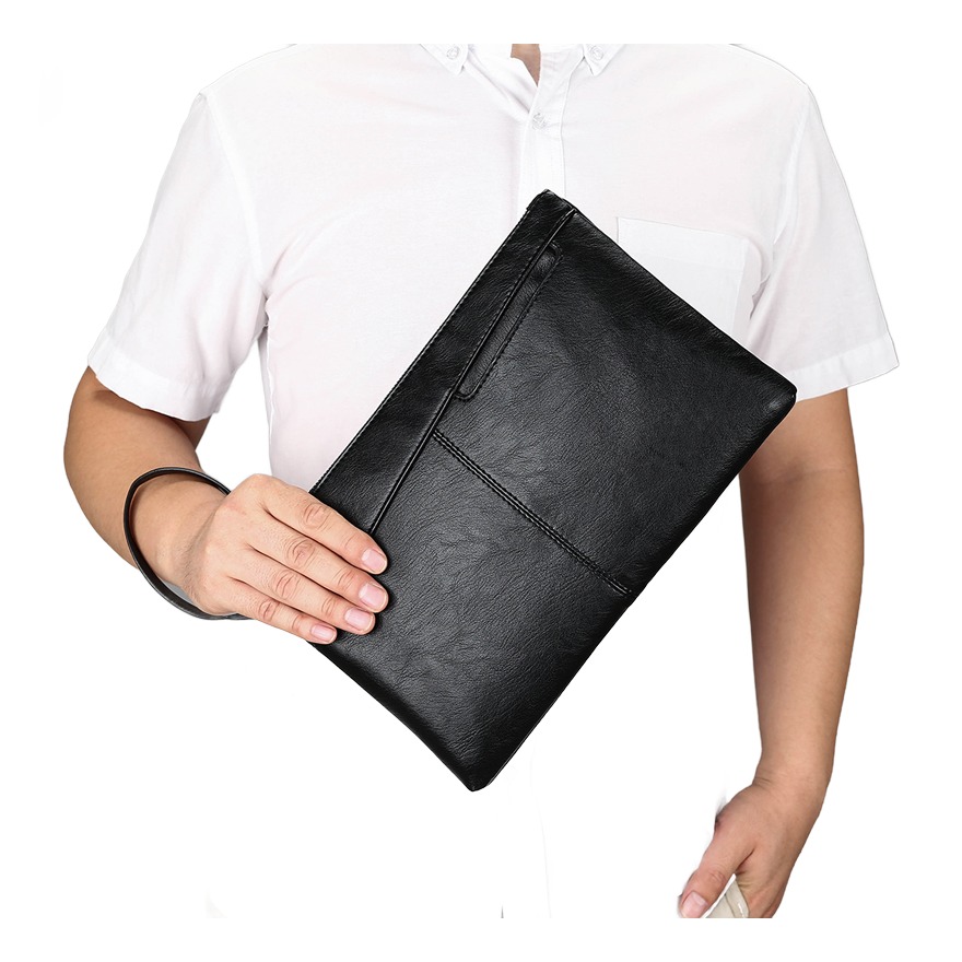 Pochette homme en cuir de vachette, deux tailles, fermeture éclair 2 Pochette homme en cuir de vachette, deux tailles, fermeture éclair, vue de trois quarts