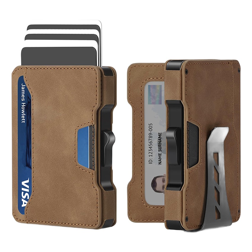 Portefeuille homme à éjection, boîtier aluminium et cuir 2 Portefeuille homme à éjection, boîtier aluminium et cuir, vue de trois quarts