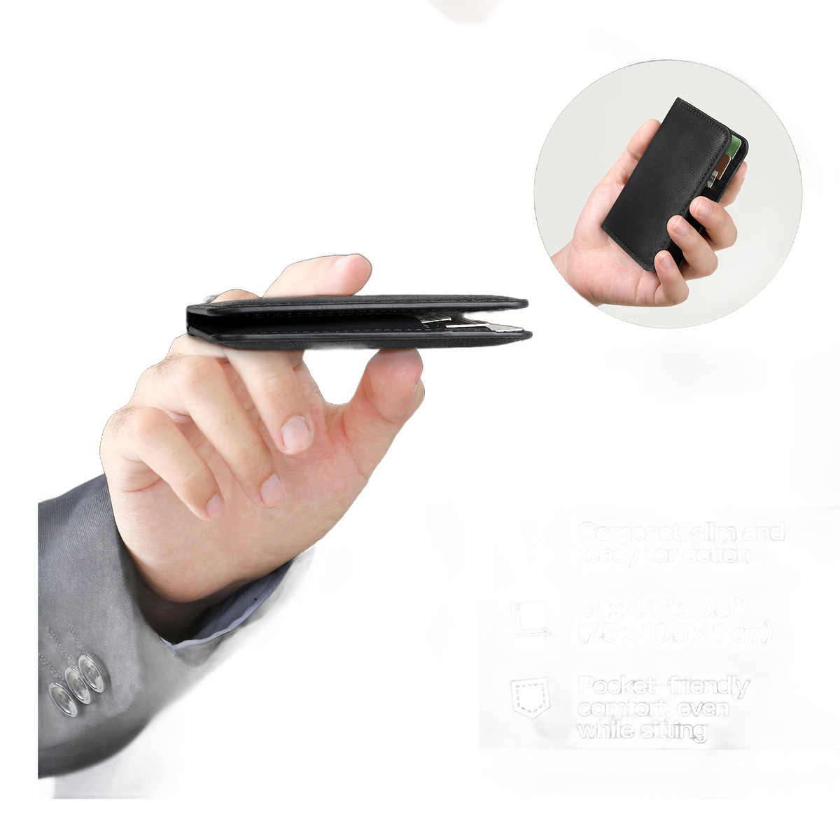 Portefeuille homme de poche avant, cuir PU, blocage RFID 2 Portefeuille homme de poche avant, cuir PU, blocage RFID, vue de trois quarts