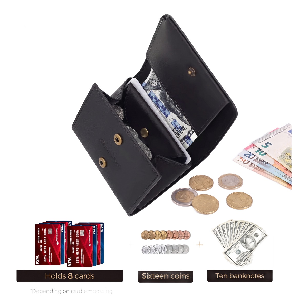Portefeuille homme en cuir de vache avec porte-monnaie à pression 3 Portefeuille homme en cuir de vache avec porte-monnaie à pression, vue de face