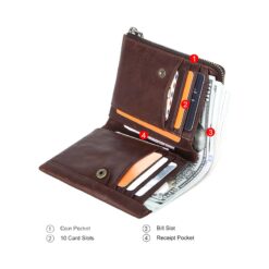 Portefeuille homme en cuir de vache, format court, poche zippée, vue de trois quarts