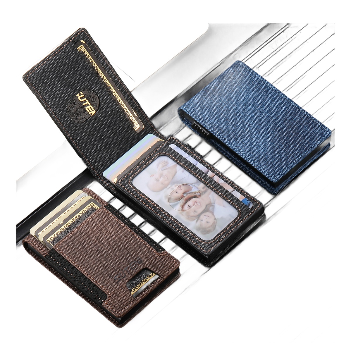 Portefeuille homme en cuir PU avec fentes a cartes et monnaie 2 Portefeuille homme en cuir PU avec fentes a cartes et monnaie, vue de trois quarts