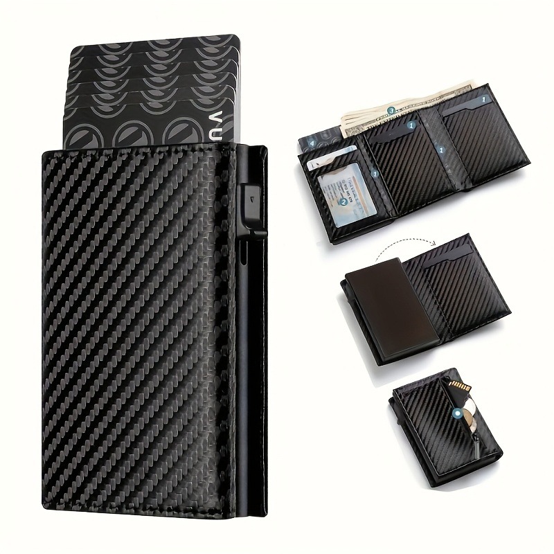Portefeuille homme façon carbone à cartes éjectables et zip monnaie 2 Portefeuille homme façon carbone à cartes éjectables et zip monnaie, vue de trois quarts