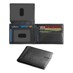 Portefeuille homme fin en cuir PU motif carbone, anti-RFID, vue de trois quarts