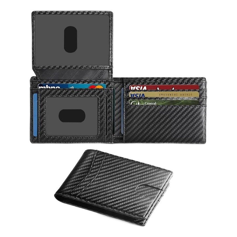 Portefeuille homme fin en cuir PU motif carbone, anti-RFID 2 Portefeuille homme fin en cuir PU motif carbone, anti-RFID, vue de trois quarts