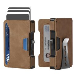 Portefeuille homme minimaliste en aluminium avec pince à billets, vue de trois quarts