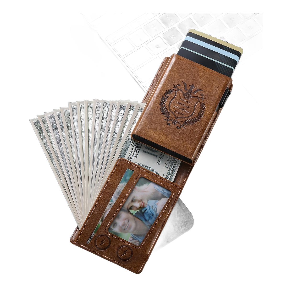 Portefeuille homme multifonction avec blocage sans contact 2 Portefeuille homme multifonction avec blocage sans contact, vue de trois quarts