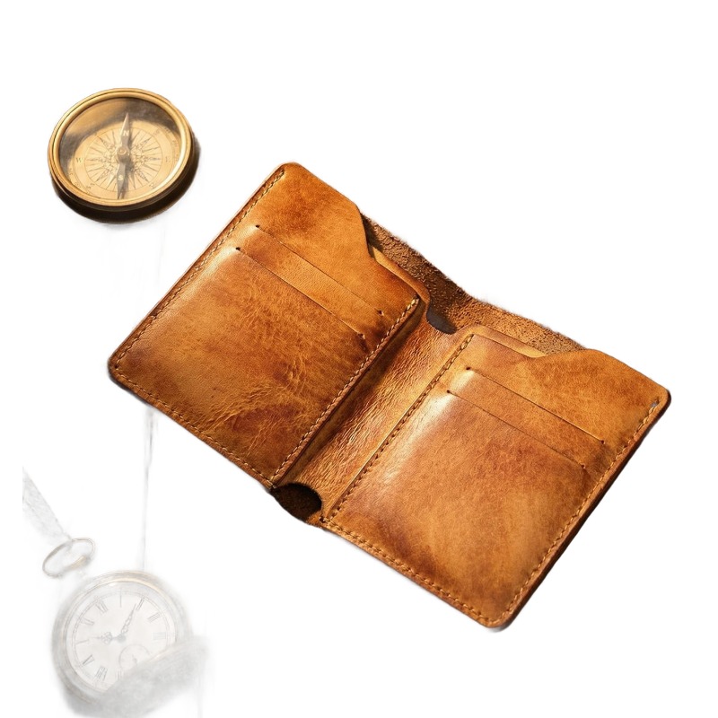Portefeuille homme rétro en cuir véritable, cousu main 3 Portefeuille homme rétro en cuir véritable, cousu main, vue de face