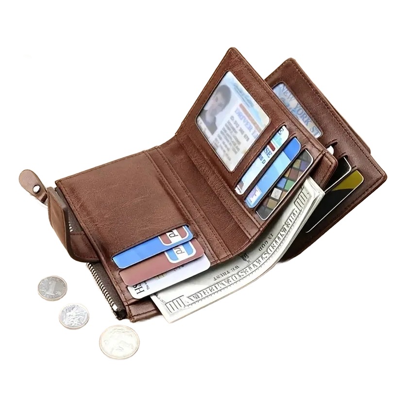 Portefeuille homme RFID zippé en simili cuir, patte et fenêtre 3 Portefeuille homme RFID zippé en simili cuir, patte et fenêtre, vue de face
