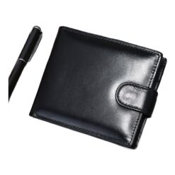 Portefeuille homme trois volets en cuir de vache noir, poche à monnaie, vue principale
