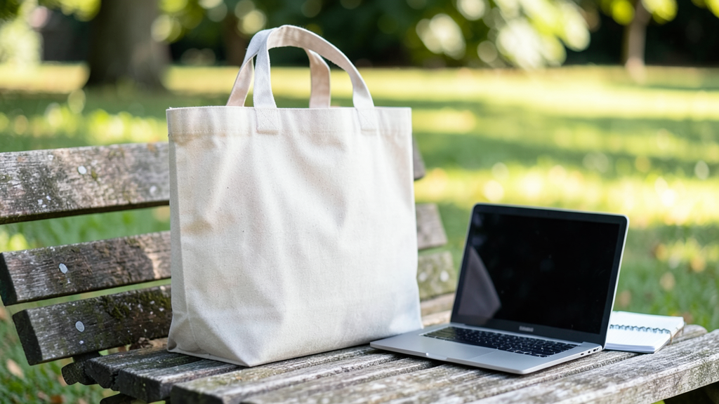 Qu'est-ce qu'un tote bag : forme, contenance et limites 1 Qu'est-ce qu'un tote bag : sac en toile à deux anses posé sur un banc