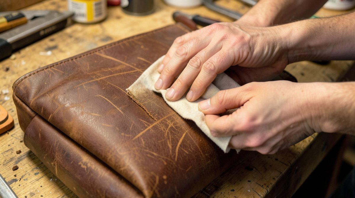 Réparer une griffure sur du cuir : la méthode selon la profondeur 1 Réparer une griffure sur le cuir d'une sacoche marron en frottant avec un chiffon doux
