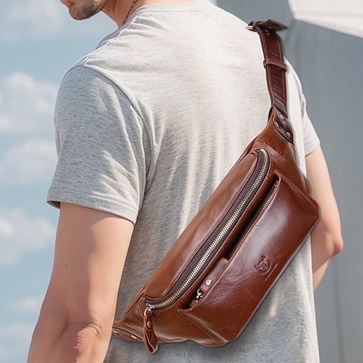 Sacoche banane en cuir véritable pour homme 2 Sacoche banane en cuir veritable pour homme, vue de trois quarts