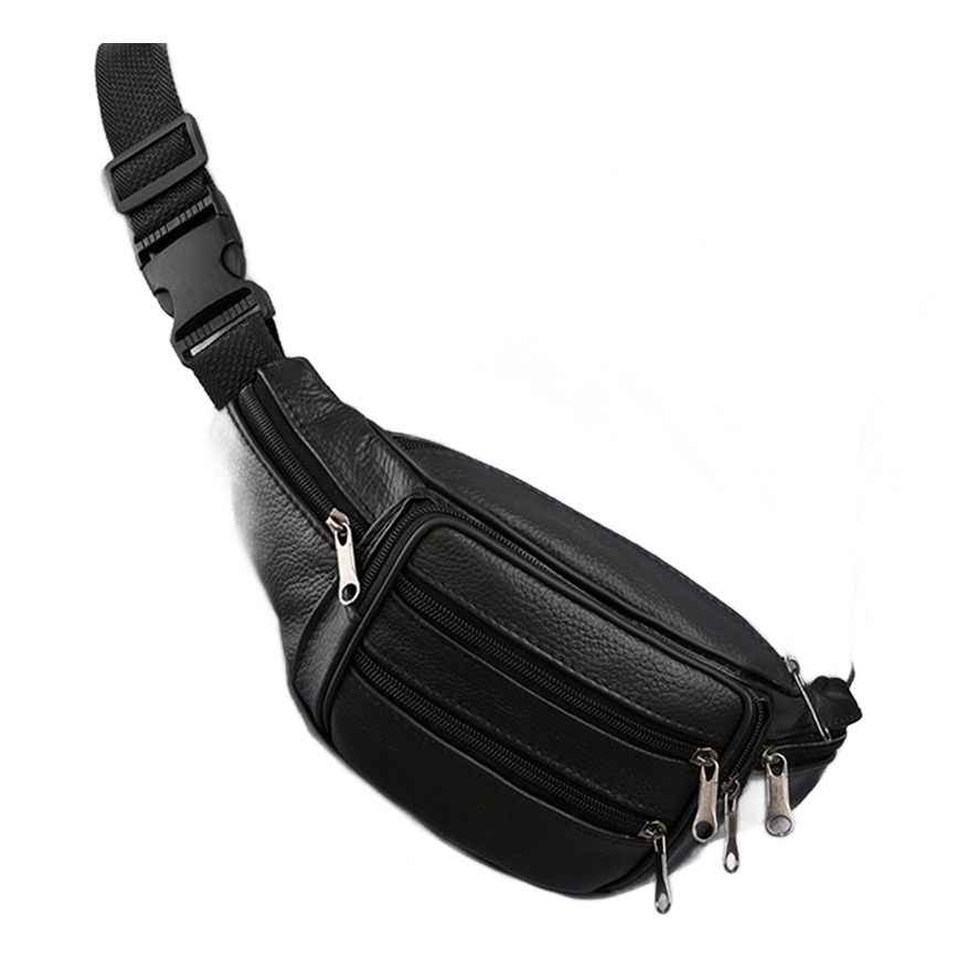 Sacoche banane homme en cuir de vache à poches zippées 2 Sacoche banane homme en cuir de vache à poches zippées, vue de trois quarts
