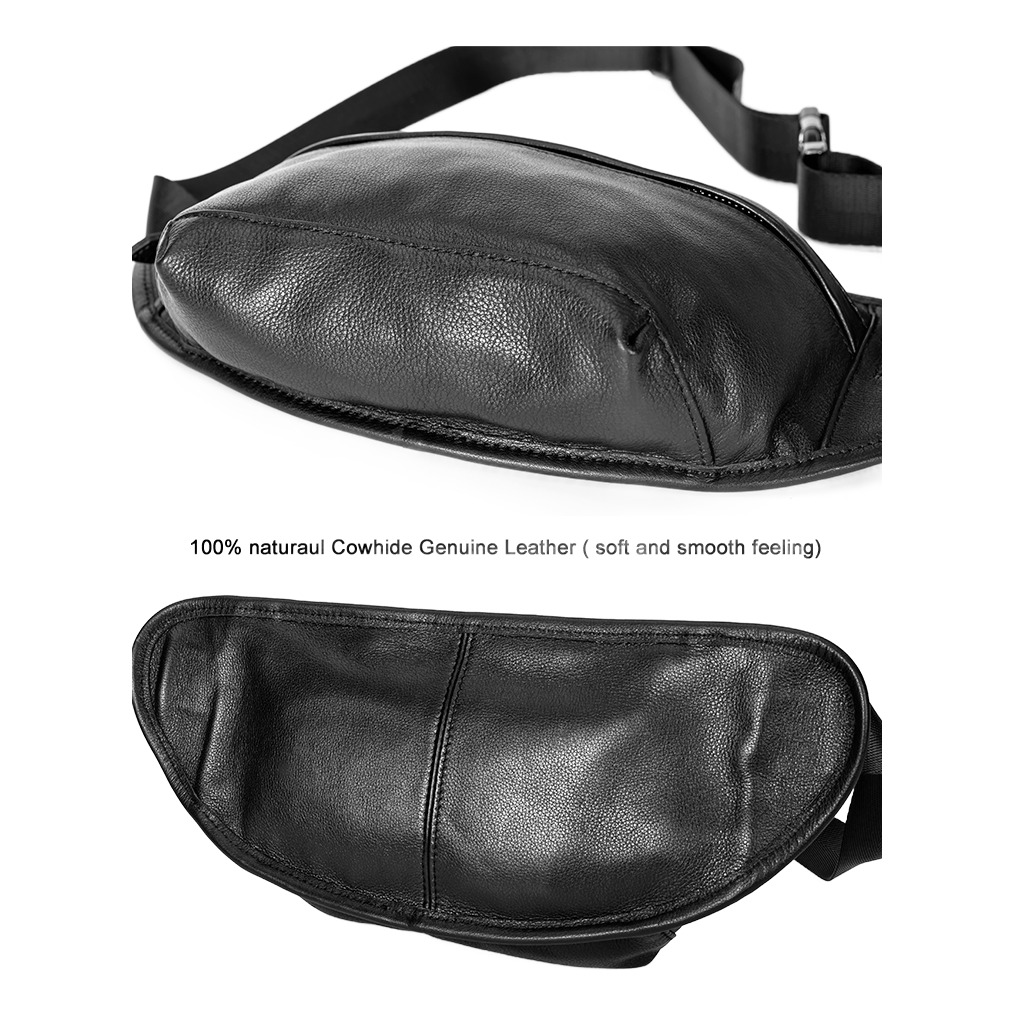 Sacoche banane homme en cuir de vache noir 2 Sacoche banane homme en cuir de vache noir, vue de trois quarts