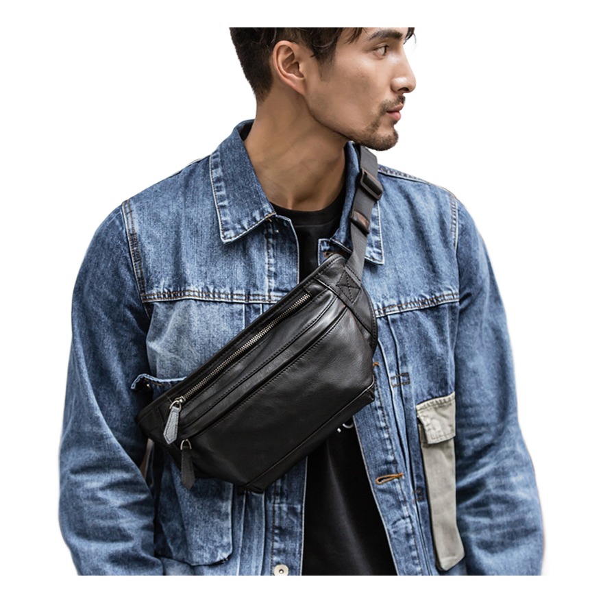 Sacoche banane homme en cuir de vache noir 3 Sacoche banane homme en cuir de vache noir, vue de face
