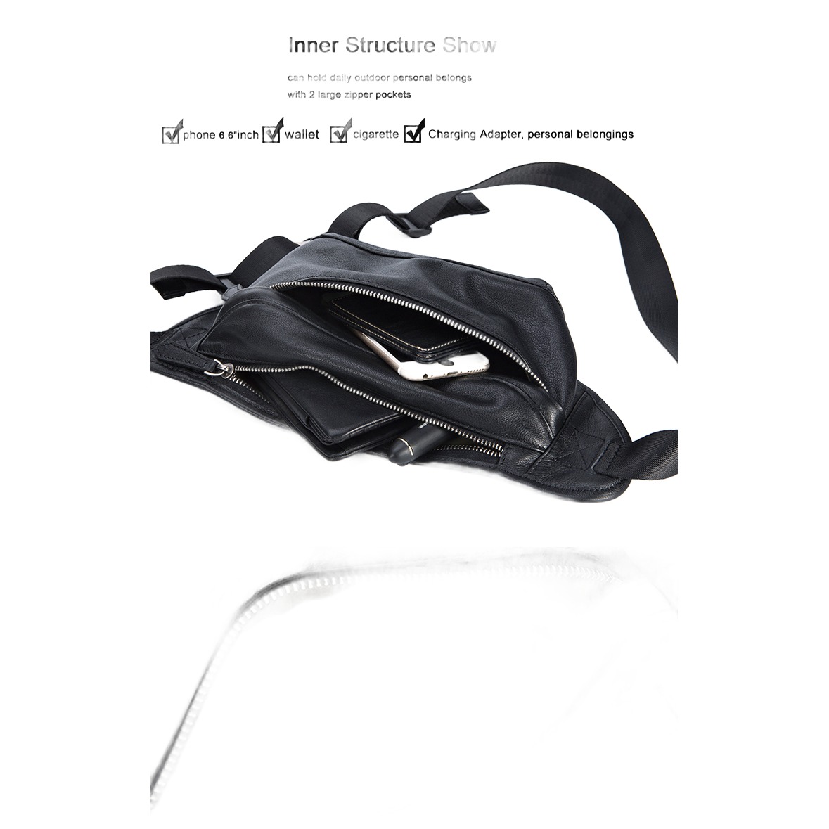 Sacoche banane homme en cuir de vache noir 4 Sacoche banane homme en cuir de vache noir, detail