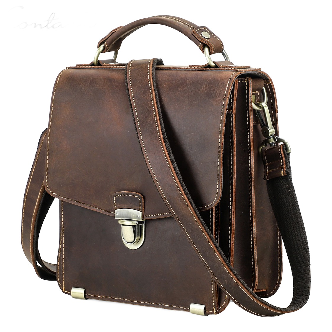 Sacoche homme cuir véritable à rabat, grand format, 780 g, café 2 Sacoche homme cuir véritable à rabat, grand format, 780 g, café, vue de trois quarts