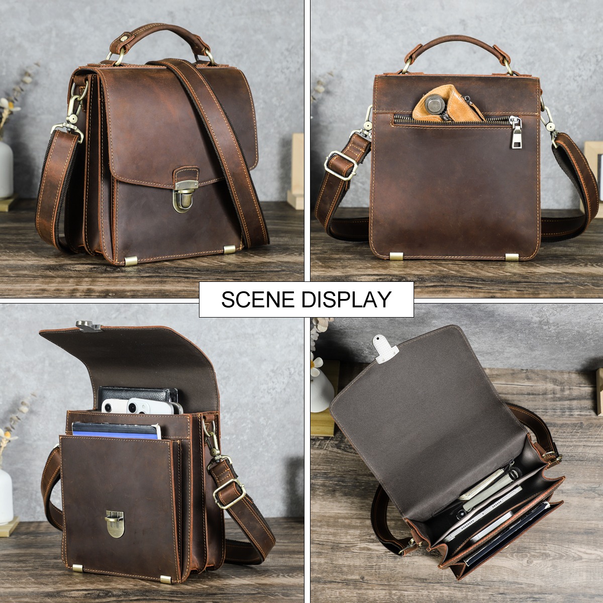 Sacoche homme cuir véritable à rabat, grand format, 780 g, café 3 Sacoche homme cuir véritable à rabat, grand format, 780 g, café, vue de face