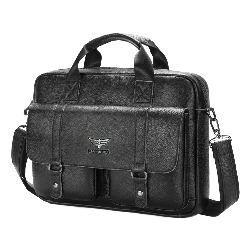 Sacoche homme cuir véritable porte-documents, deux poches, 47 cm 2 Sacoche homme cuir véritable porte-documents, deux poches, 47 cm, vue de trois quarts