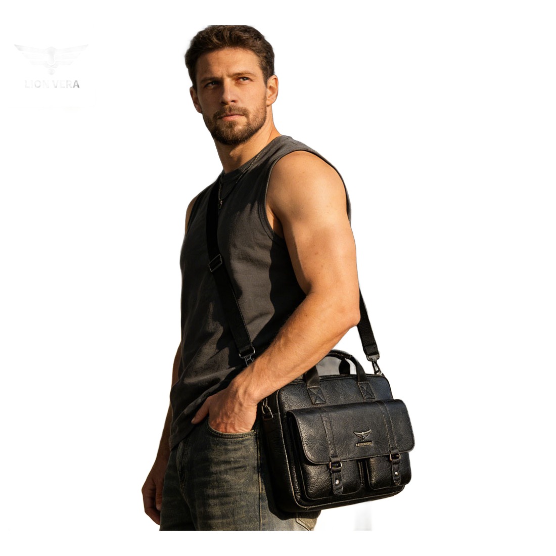 Sacoche homme cuir véritable porte-documents, deux poches, 47 cm 4 Sacoche homme cuir véritable porte-documents, deux poches, 47 cm, detail