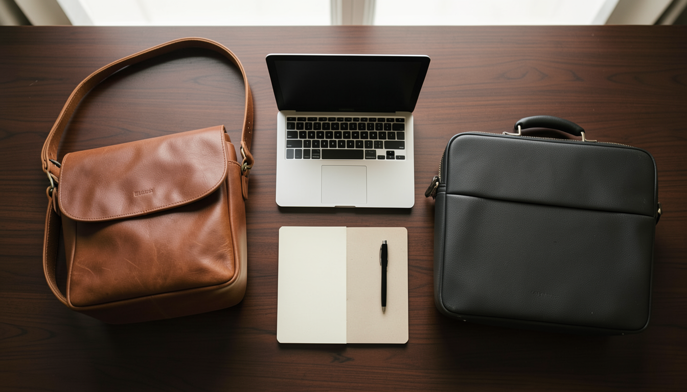 Sacoche ou porte-documents : que choisir pour aller travailler 1 Sacoche ou porte-documents poses a plat de part et d'autre d'un ordinateur portable