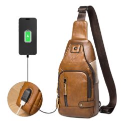 Sacoche poitrine homme en cuir véritable avec port USB, trois coloris, vue principale