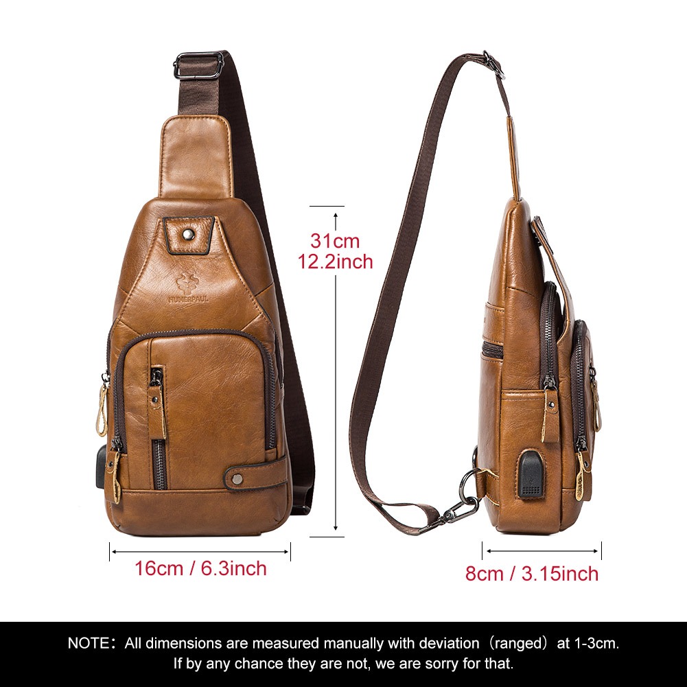 Sacoche poitrine homme en cuir véritable avec port USB, trois coloris 3 Sacoche poitrine homme en cuir véritable avec port USB, trois coloris, vue de face