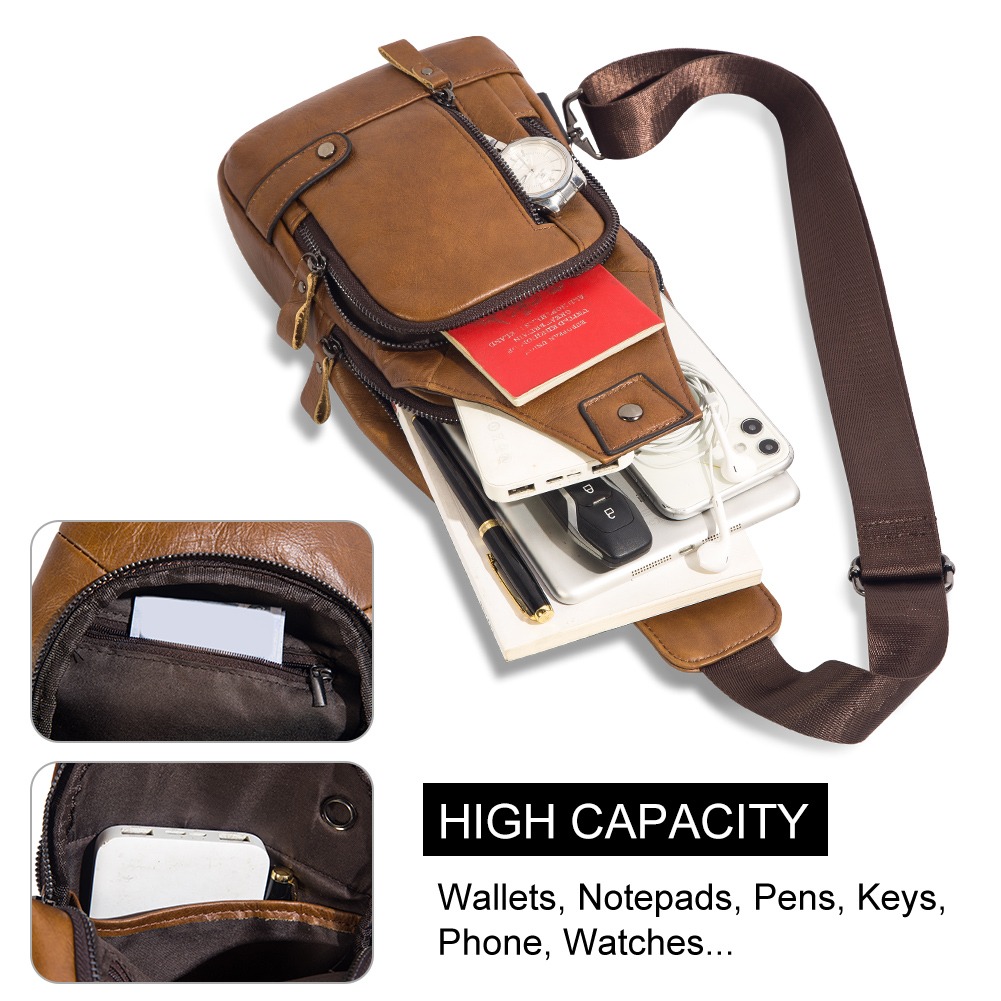 Sacoche poitrine homme en cuir véritable avec port USB, trois coloris 4 Sacoche poitrine homme en cuir véritable avec port USB, trois coloris, detail