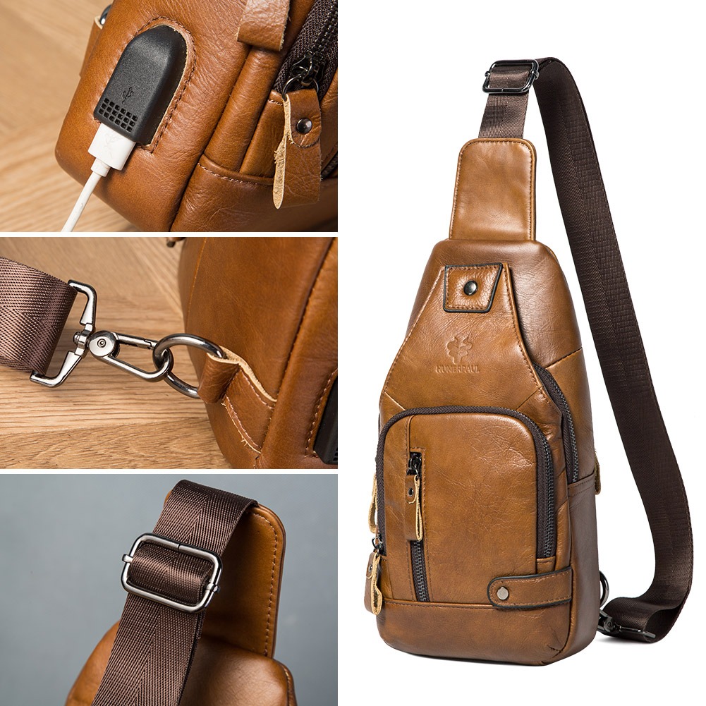 Sacoche poitrine homme en cuir véritable avec port USB, trois coloris 5 Sacoche poitrine homme en cuir véritable avec port USB, trois coloris, vue arriere