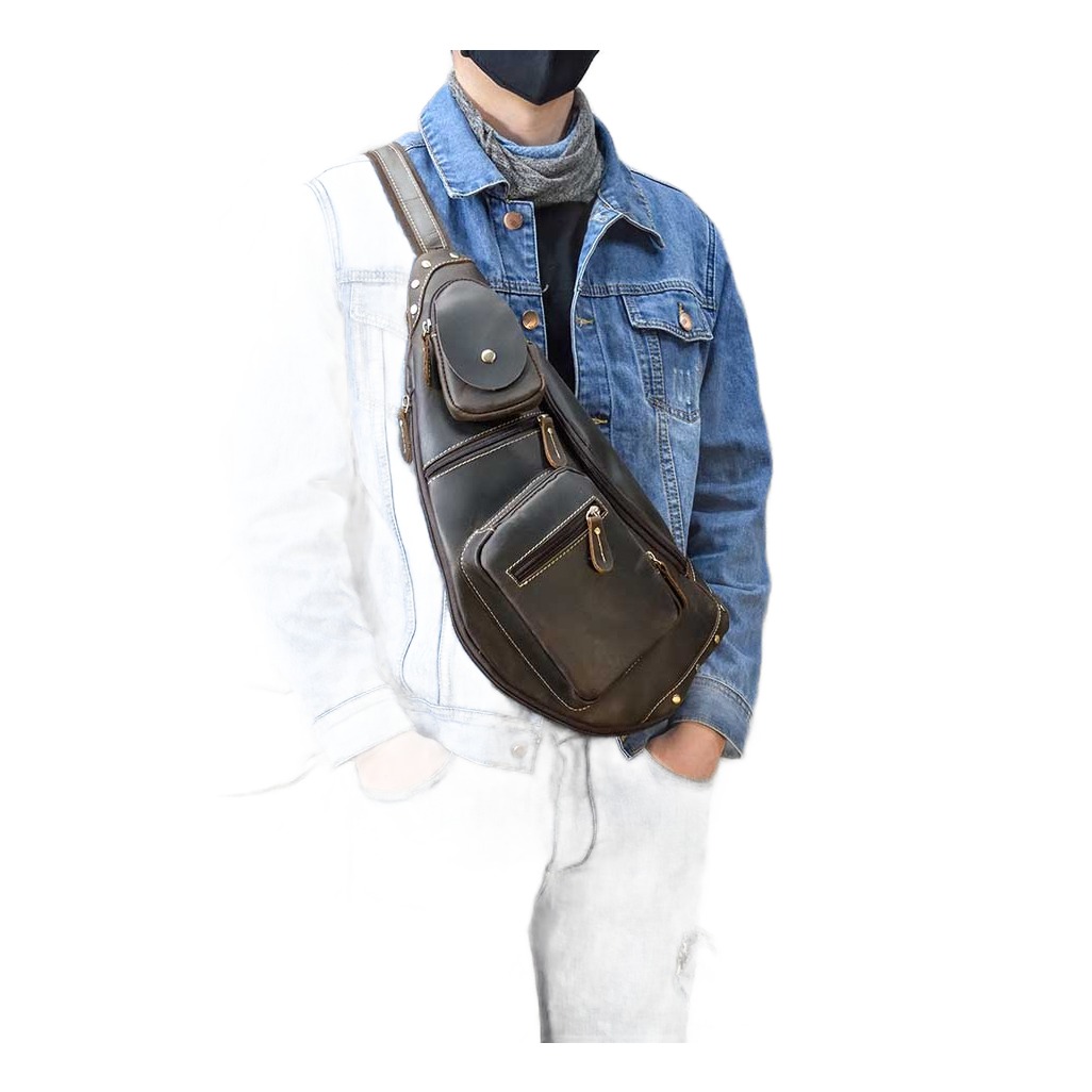 Sacoche poitrine homme en cuir véritable, grand format, quatre tons 5 Sacoche poitrine homme en cuir véritable, grand format, quatre tons, vue arriere