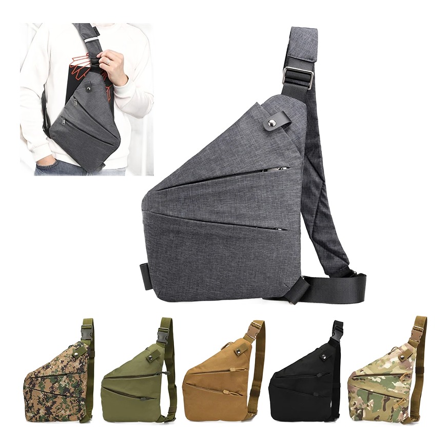 Sacoche tactique homme de poitrine antivol, port gauche ou droit 2 Sacoche tactique homme de poitrine antivol, port gauche ou droit, vue de trois quarts