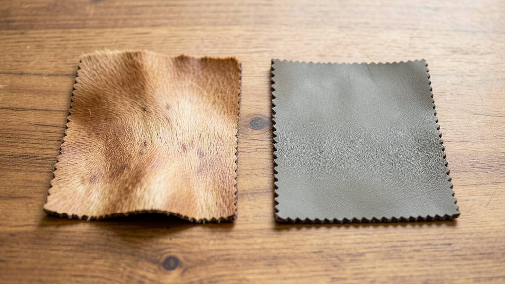 Simili cuir : le reconnaître, et ce qu'il vaut à l'usage 2 Simili cuir et cuir véritable côte à côte, tranches visibles