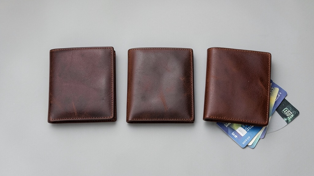 Trois portefeuilles homme de tailles différentes alignés pour comparer la taille portefeuille homme