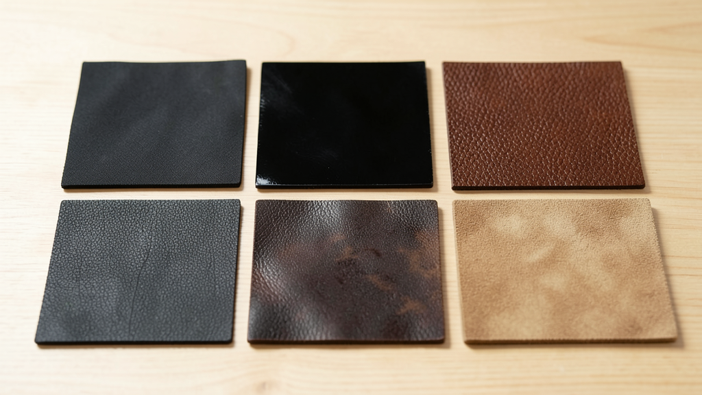 Types de cuir : couches, finitions et tannages expliqués 1 Six échantillons alignés pour comparer les types de cuir : nappa, verni, grainé brun, grainé noir, huilé et daim
